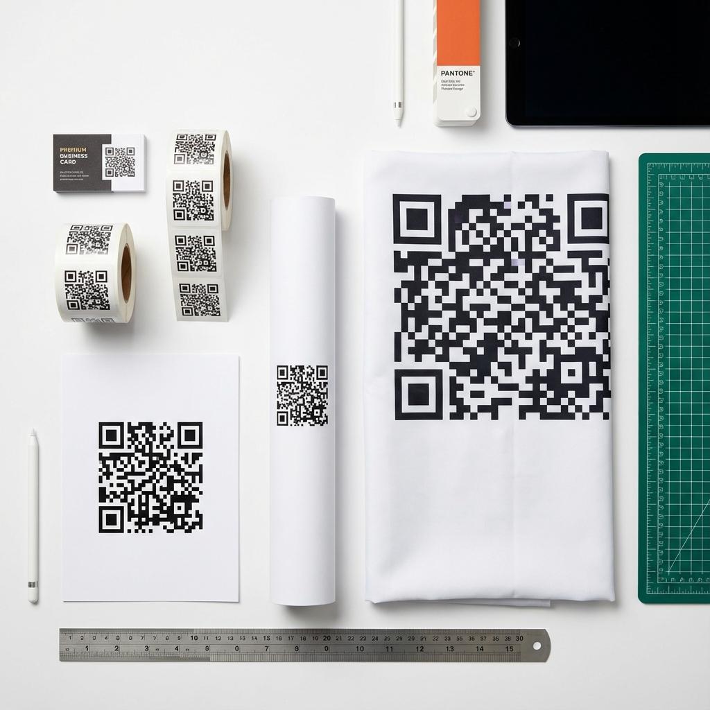 Various print materials showing different QR code sizes