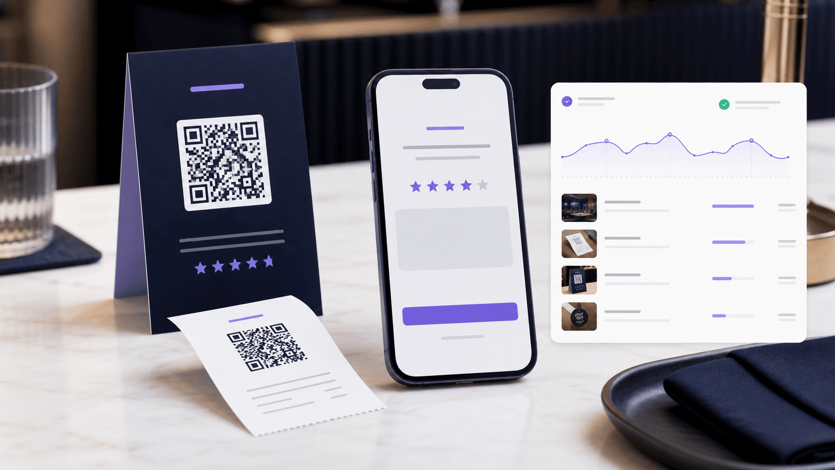 Premium counter setup with a review QR table card, receipt, phone review prompt, and scan analytics preview
