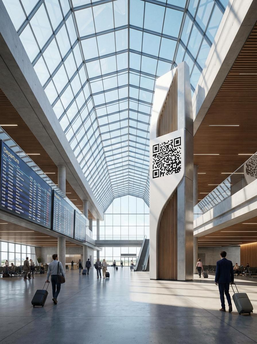 Airports & Travel Hubs QR code example showing a real-world workflow for live flight status and departure board at gate signage.