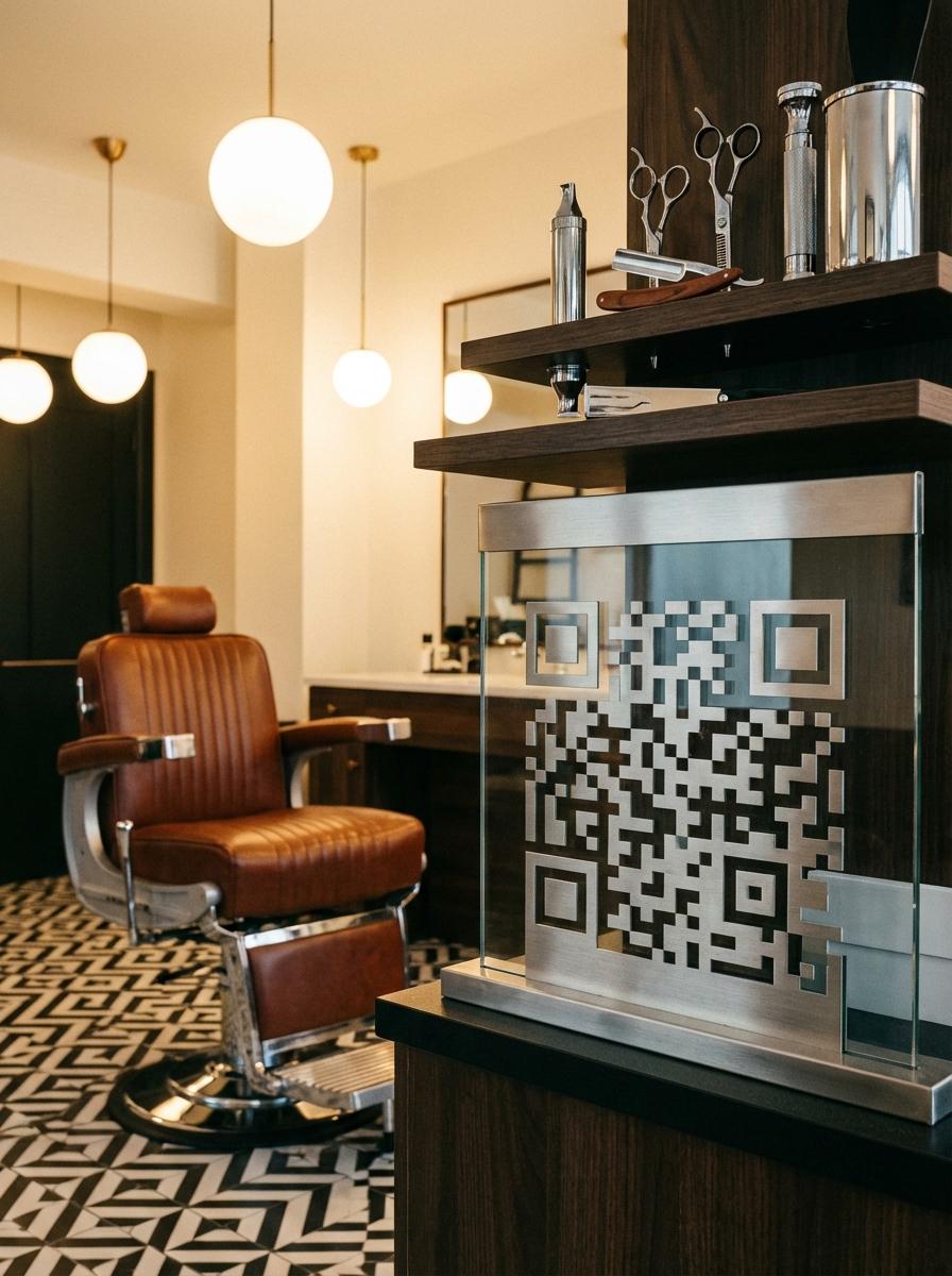 Barbershops QR code example showing a real-world workflow for online booking link from window qr.