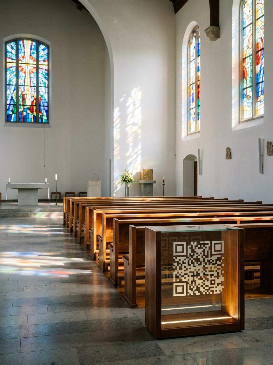 Churches & Places of Worship QR code example showing a real-world workflow for digital order of service from entrance or pew card.