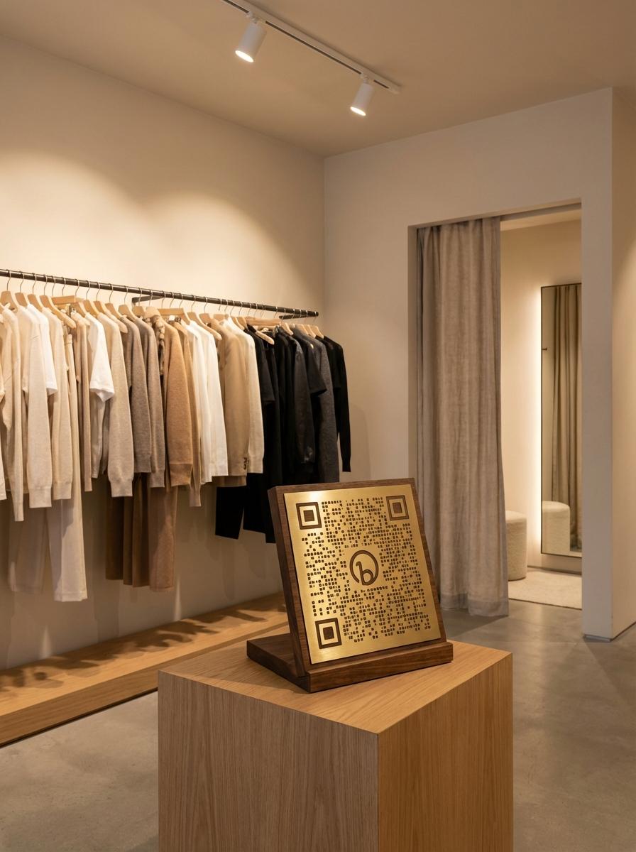 Clothing & Apparel Stores QR code example showing a real-world workflow for fitting room mirror qr for size guides.