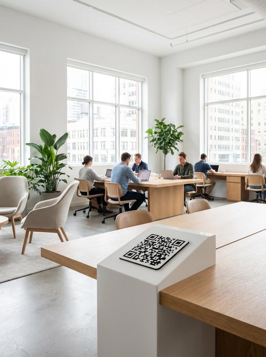 Coworking Spaces QR code example showing a real-world workflow for guest wifi access from entrance and desk qr.