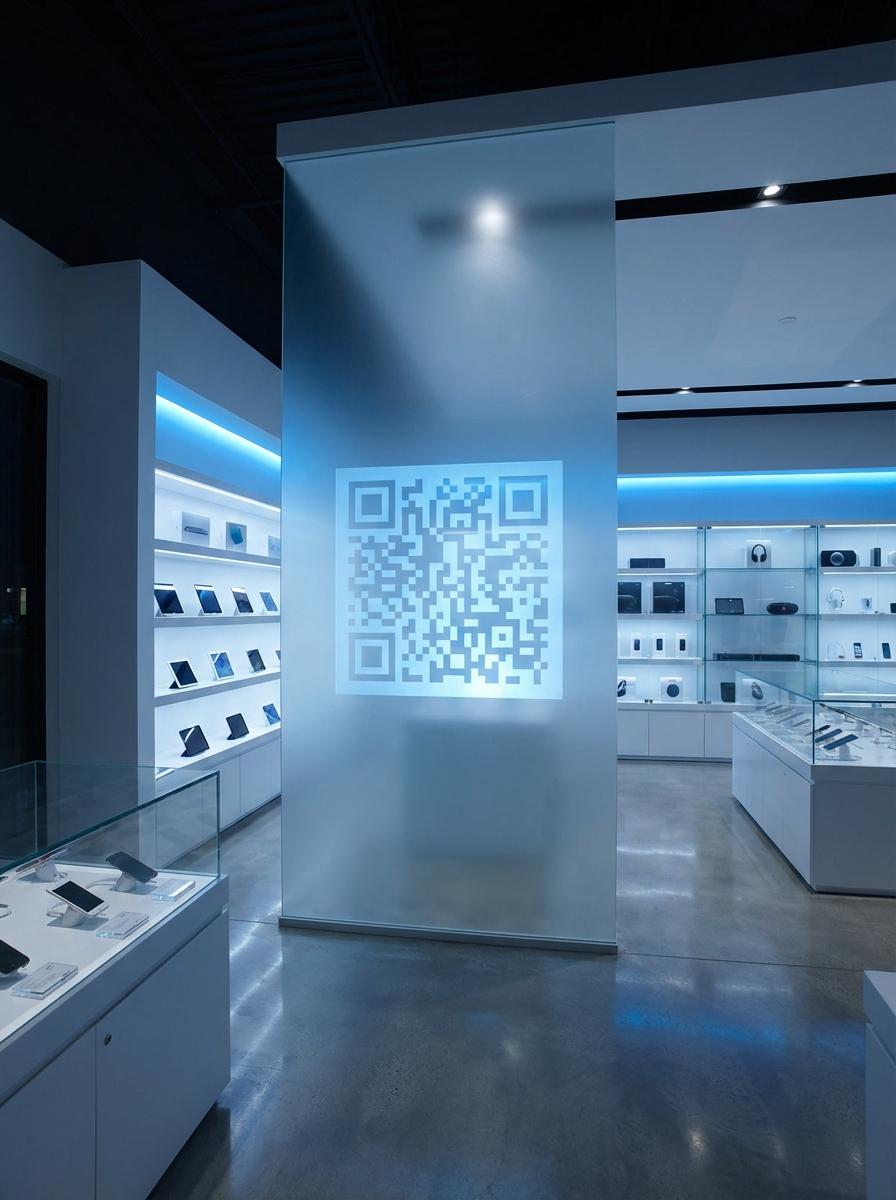 Electronics Stores QR code example showing a real-world workflow for demo video and feature walkthrough from shelf tag.