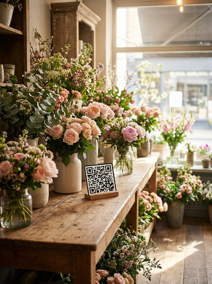 Florists & Flower Shops QR code example showing a real-world workflow for flower care instructions specific to each arrangement.