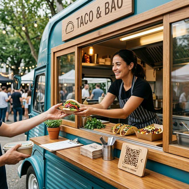 Food Trucks QR code example showing a real-world workflow for daily menu with photos and today's specials.