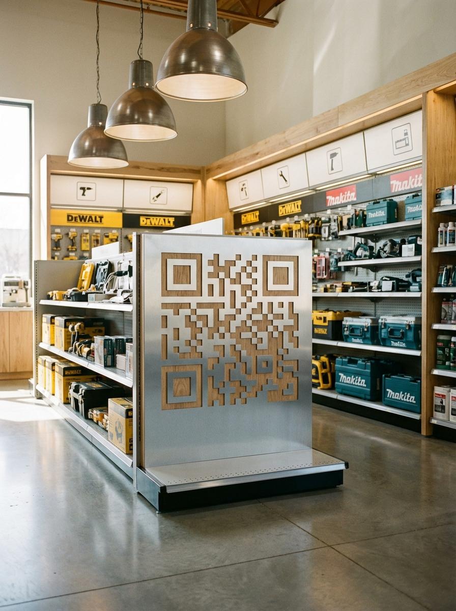 Hardware & DIY Stores QR code example showing a real-world workflow for shelf qr linking to project tutorial videos.