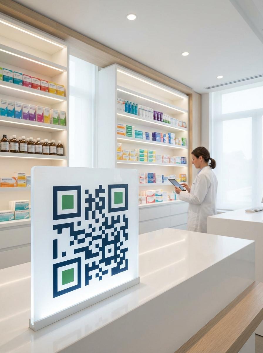 Pharmacies QR code example showing a real-world workflow for medication information and drug leaflet linked from prescription bag.