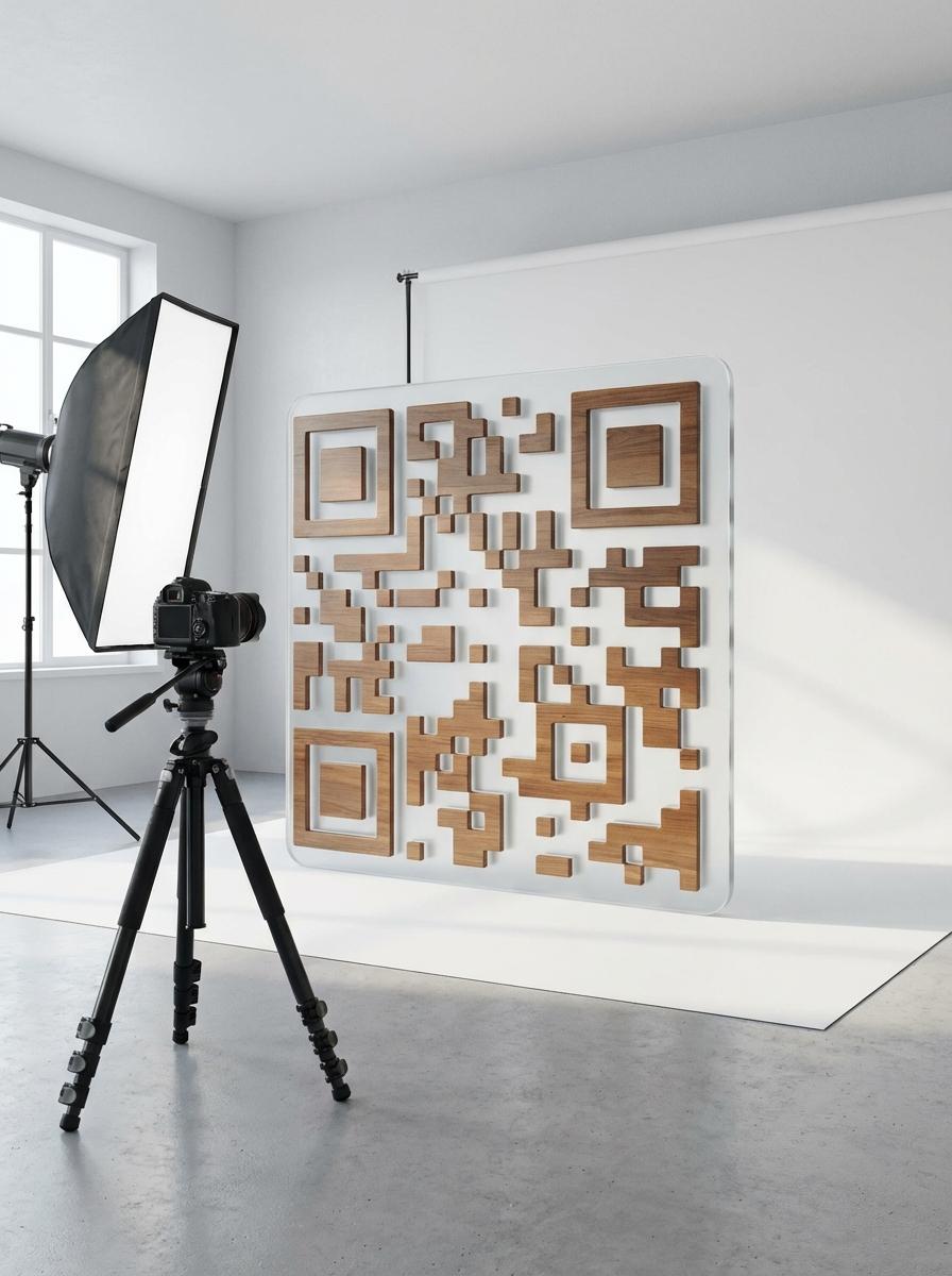 Photography Studios QR code example showing a real-world workflow for portfolio gallery linked from business card and packaging.