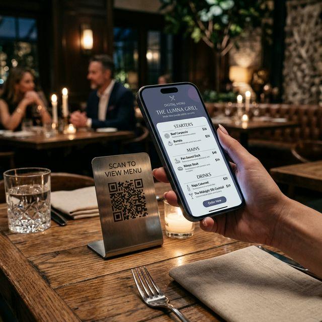 Restaurants QR code example showing a real-world workflow for digital menu access for contactless viewing and ordering.