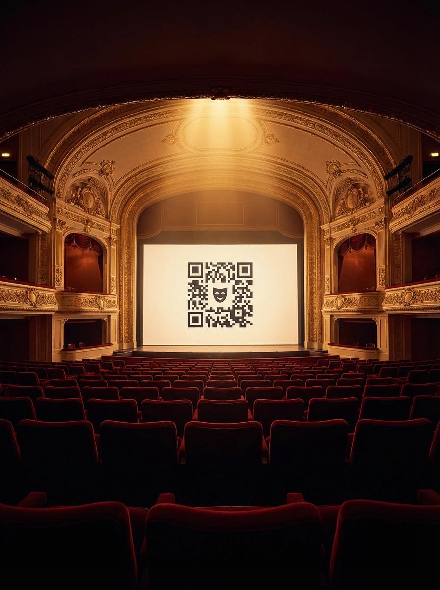 Theaters & Performing Arts QR code example showing a real-world workflow for ticket booking from lobby and entrance posters.