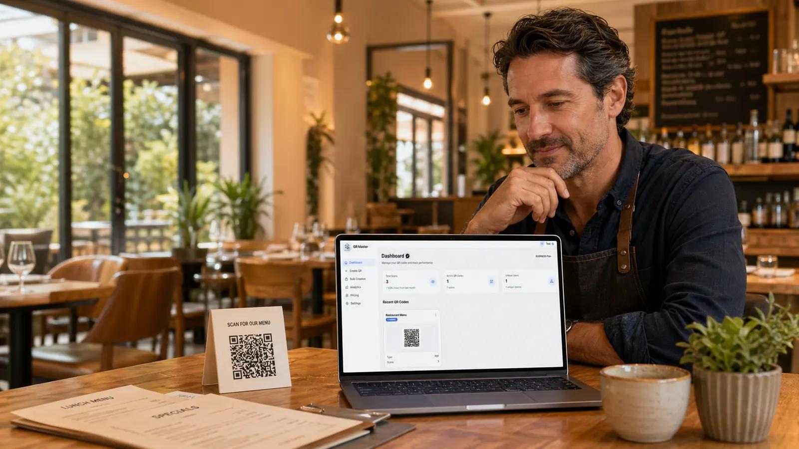 Restaurant owner reviewing menu updates with QR Master dashboard
