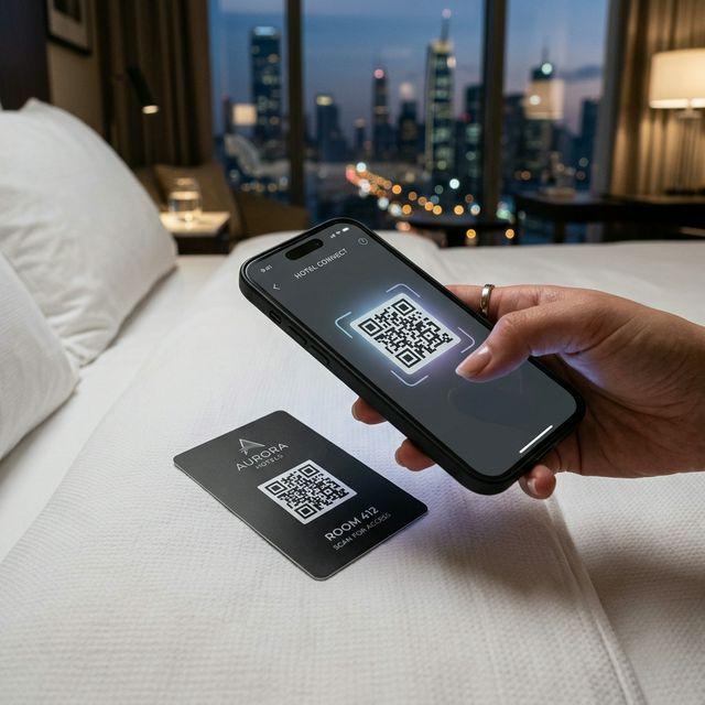 Hotels QR code example showing a real-world workflow for contactless check-in and express checkout.