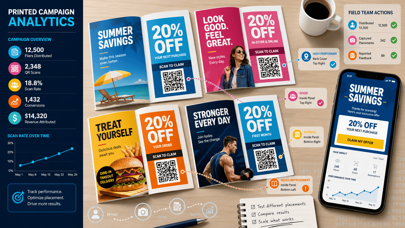 Printed flyer campaign QR mockup with offer flyers, tracking dashboard, and landing page phone preview
