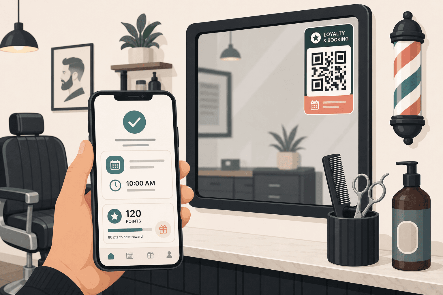 Barbershop mirror QR sticker with booking phone screen and loyalty preview
