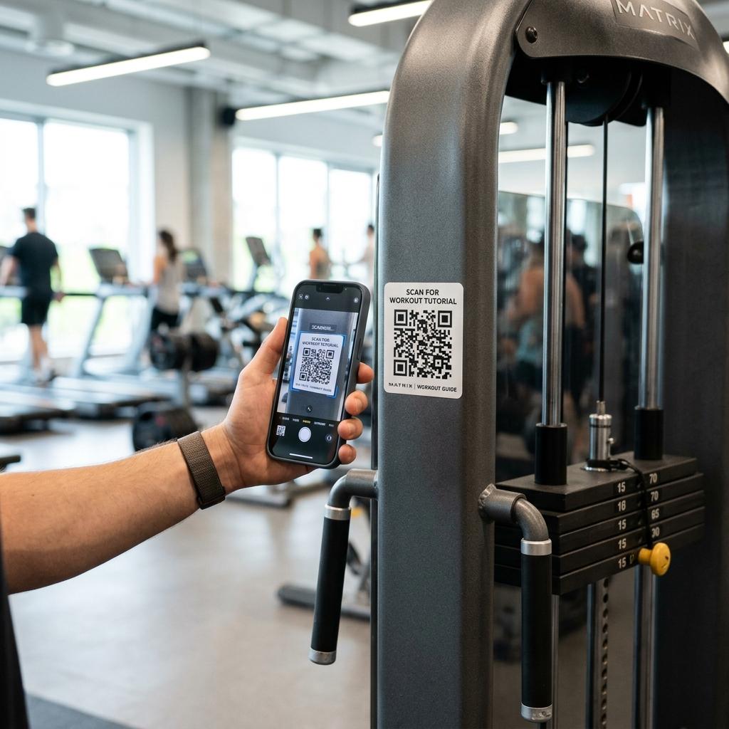 QR code sticker on a gym weight machine being scanned for a video tutorial