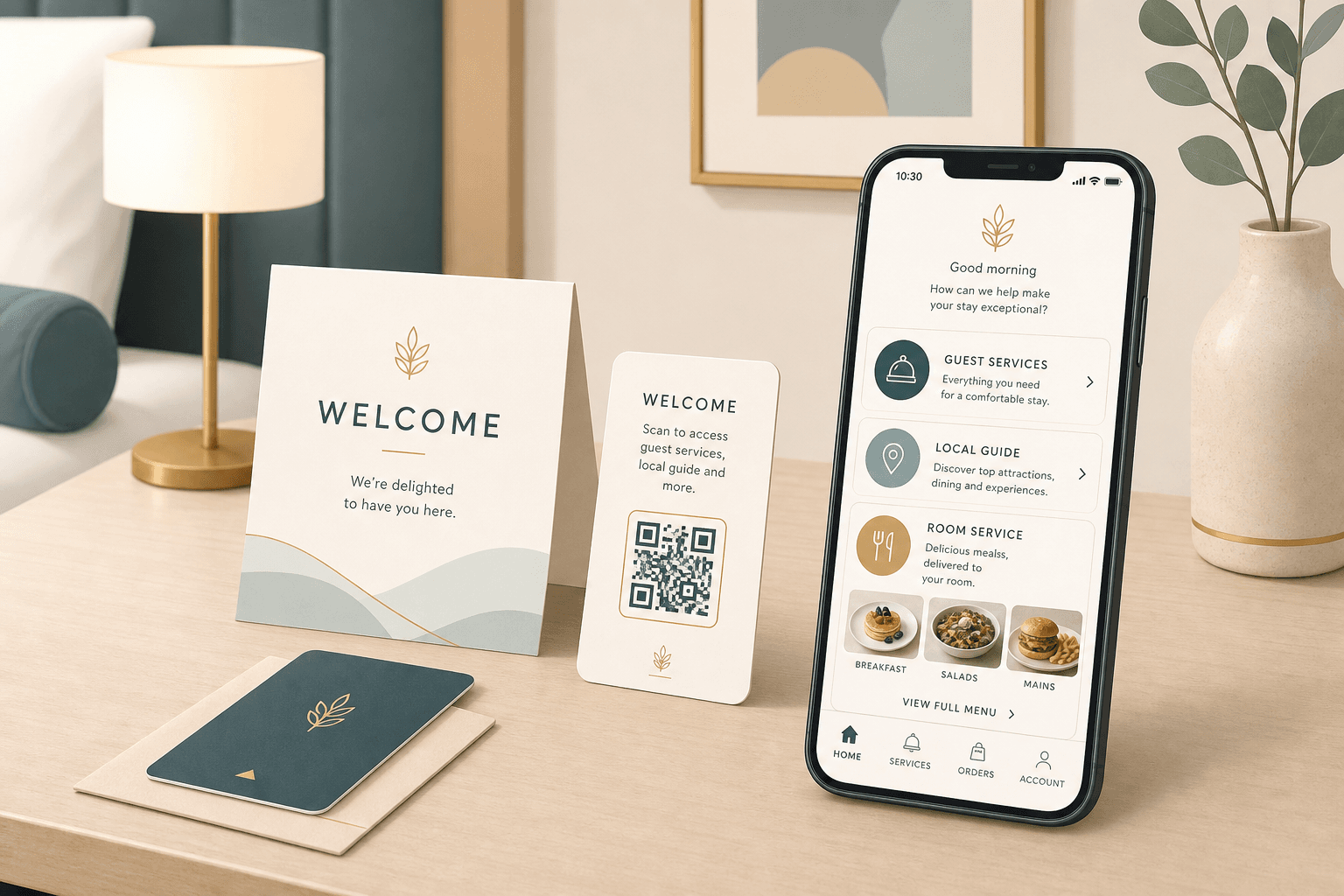 Hotel welcome QR card with smartphone guest services and room service preview
