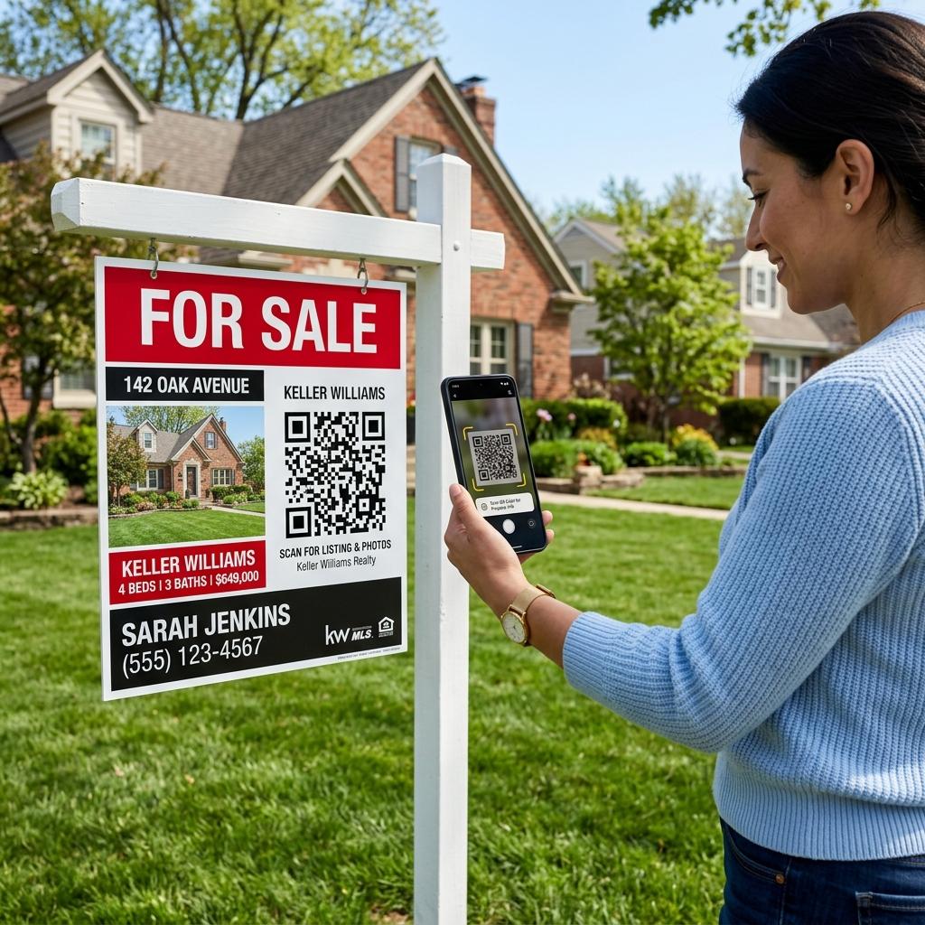 Real estate sign QR mockup with yard sign, open-house flyer, and listing phone preview